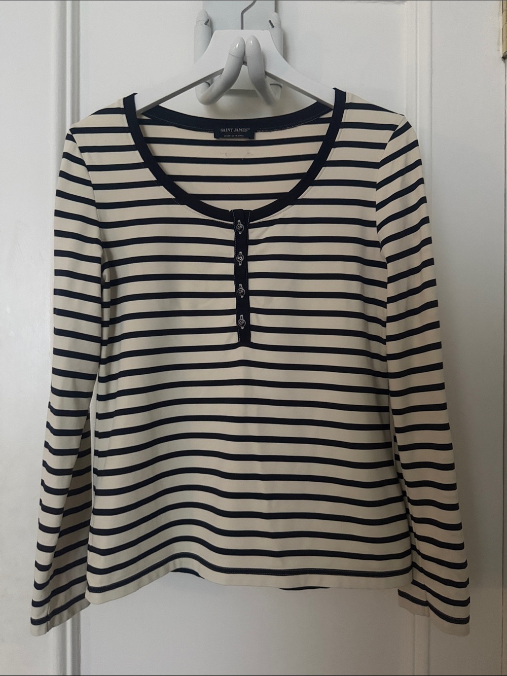 Saint James Cream & Navy Striped Long-Sleeve Henley Top